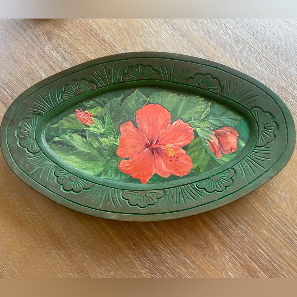 Vintage Hand Painted Wood Platter / Decor